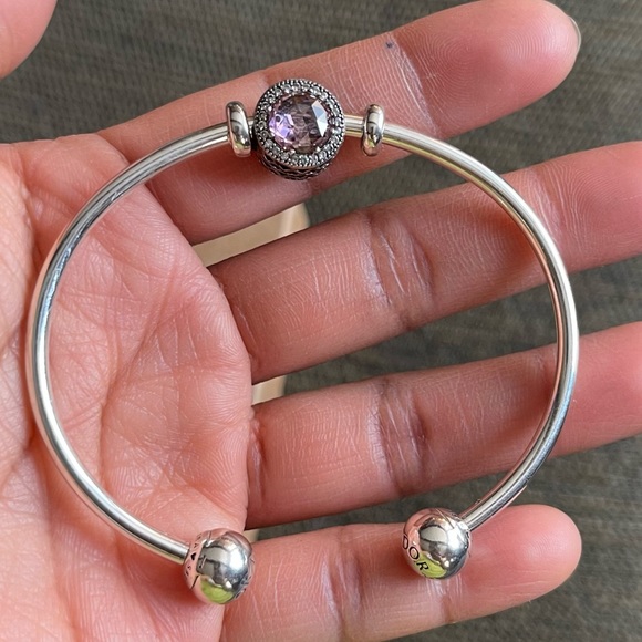 Authentic Pandora Bracelet Bangle Retired Pink Charm & Stoppers - Picture 3 of 12